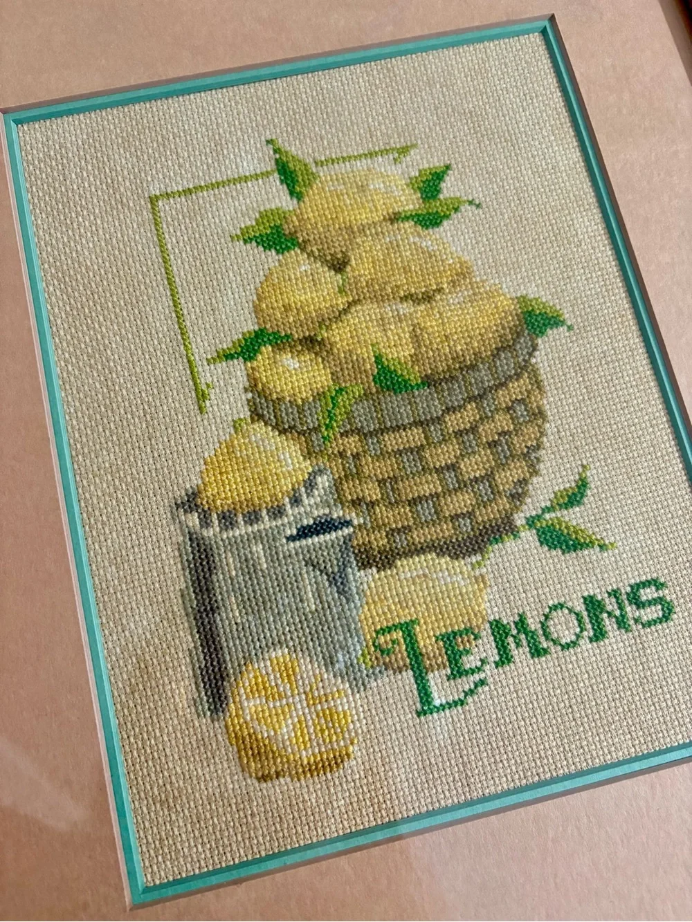 Vintage Lemon Basket Cross-Stitch Wall Art - Yellow, Green, Brown